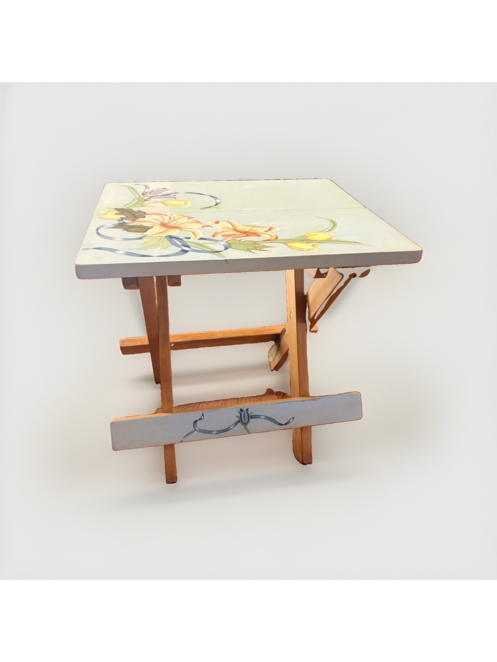 Vintage Wooden Hand Painted Floral Tole End Table Plant Stand Holder Folding